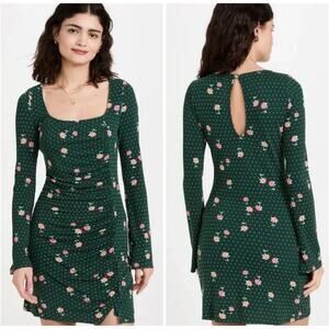 NWT Free People “Celia” Mini Dress green Dot & Floral Print,Bell Sleeves, XS